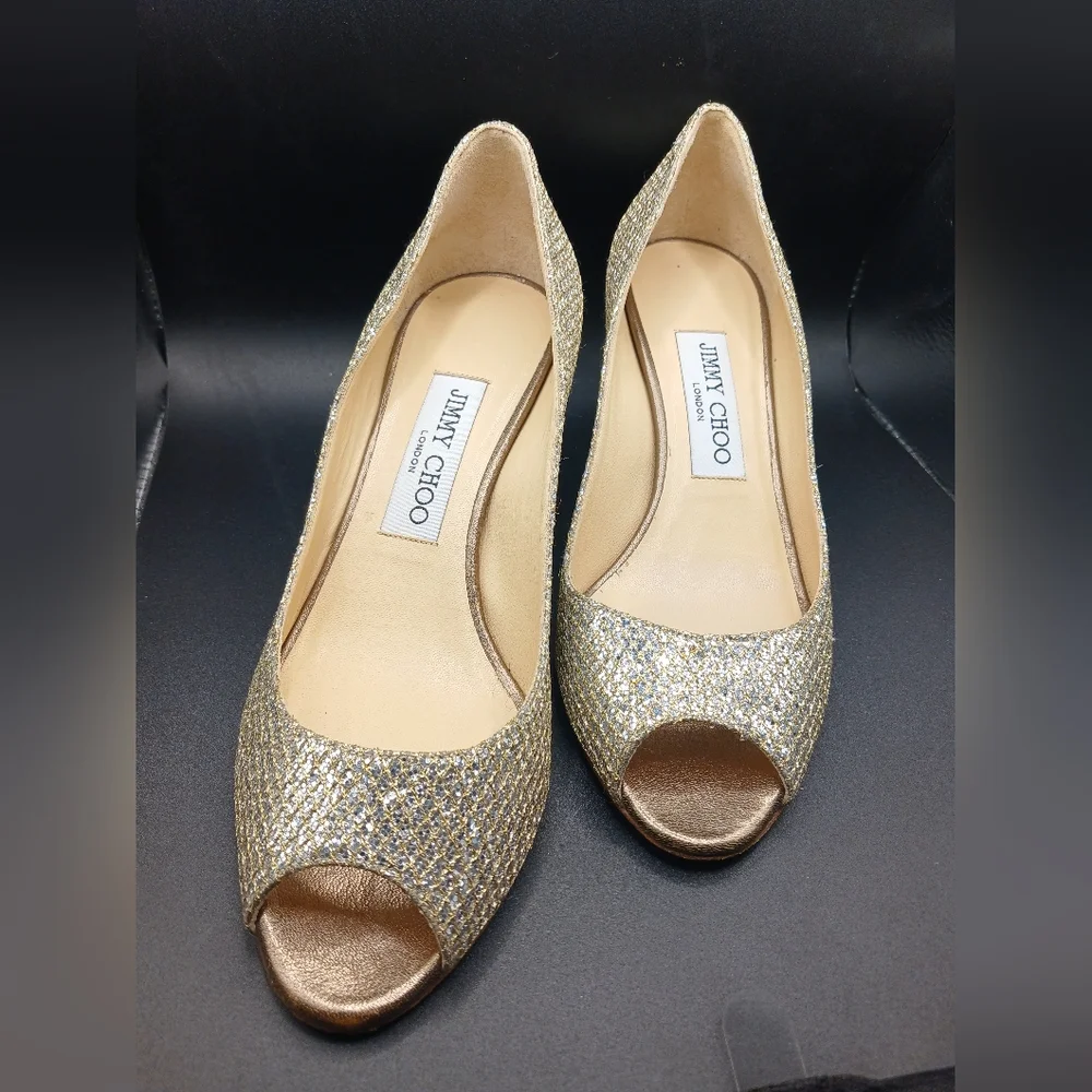 🪩 Jimmy Choo Gold Glitter Peep Toe Heels | Size 36 (US 6) | Made in Italy - Picture 4 of 13